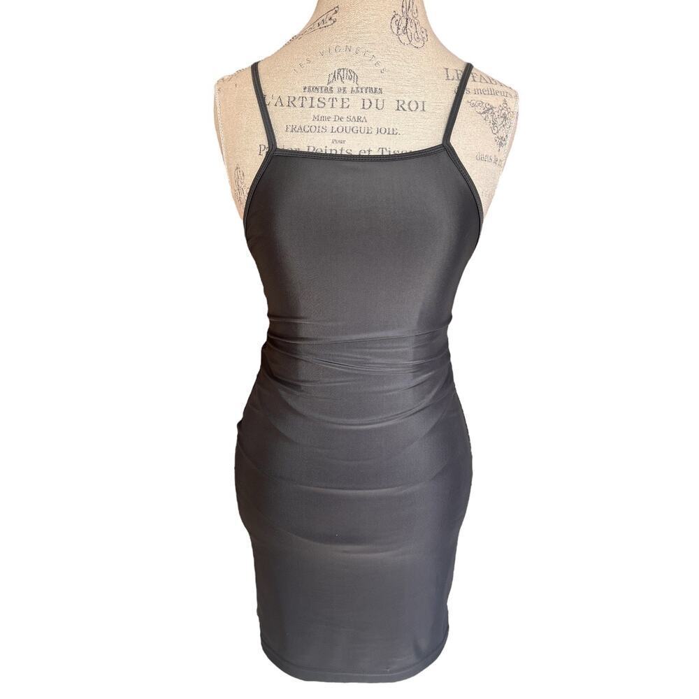 White Fox bodycon mini dress. Square neck, gray metallic, spaghetti strap size S